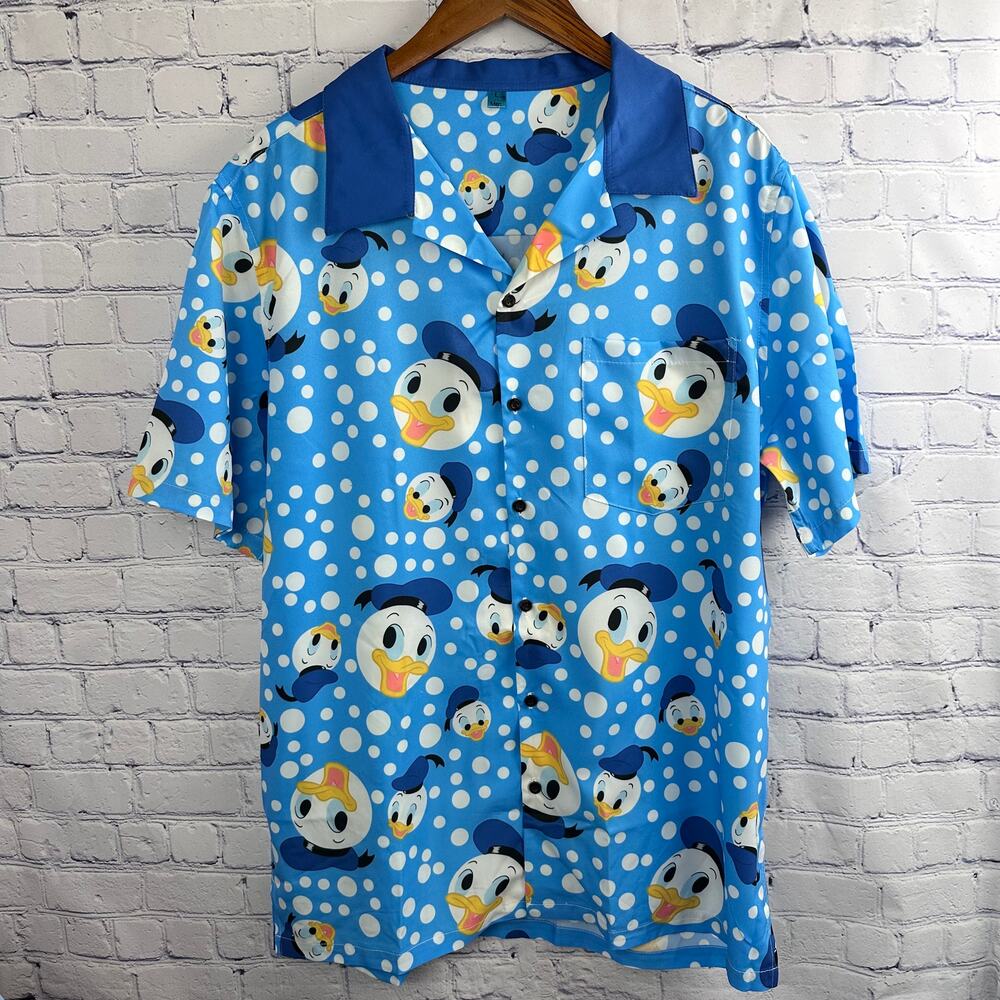 Donald Duck All over print Button Up Shirt Blue white Large